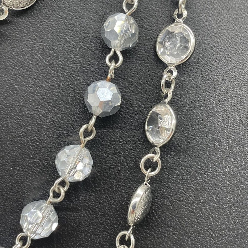 WHBM Triple Strand Crystal Clear Beaded Statement Necklace Silver Tone 18" - Picture 5 of 6